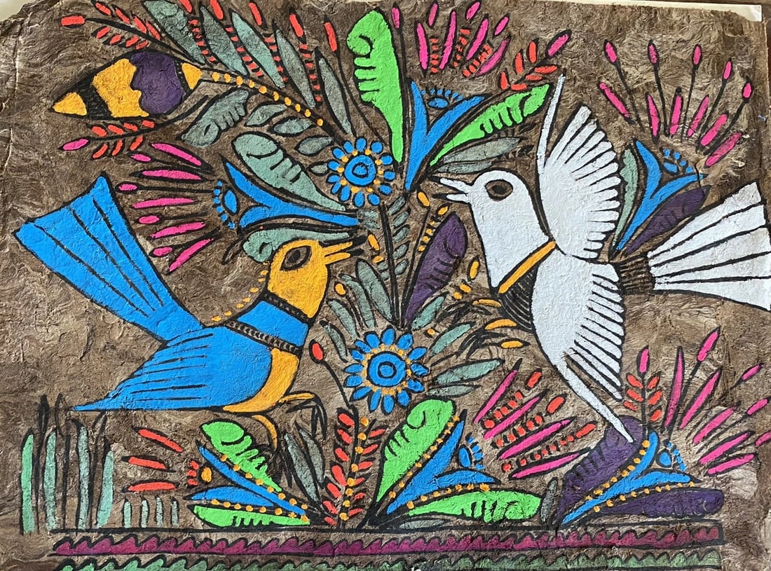 Vintage Mexican Art Amate Bark Painting Bright Colors 14” X 11” Birds & Flowers (1 of 4)