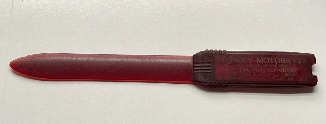 Antique Plastic Letter Opener Stanley Motors Co. Amber, PA. w.1947 3mo. calendar: Vintage/Antique Red Color Plastic Letter Opener 1947 STANLEY MOTORS CO. Amber, Pa. Has a small 3 month calendar inserted on top, on flip side from logo. July, August, Sept. 1947 Good antique condition