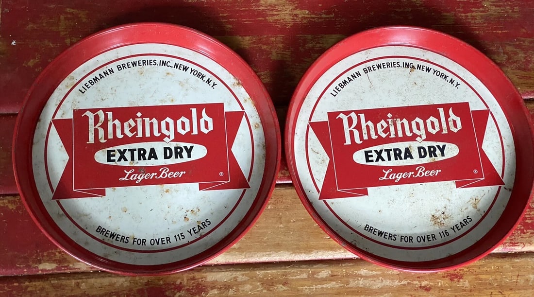 Rheingold Extra Dry Lager Beer Metal Tray 12" Vintage Lot of 2 - 115,116 Years (1 of 5)