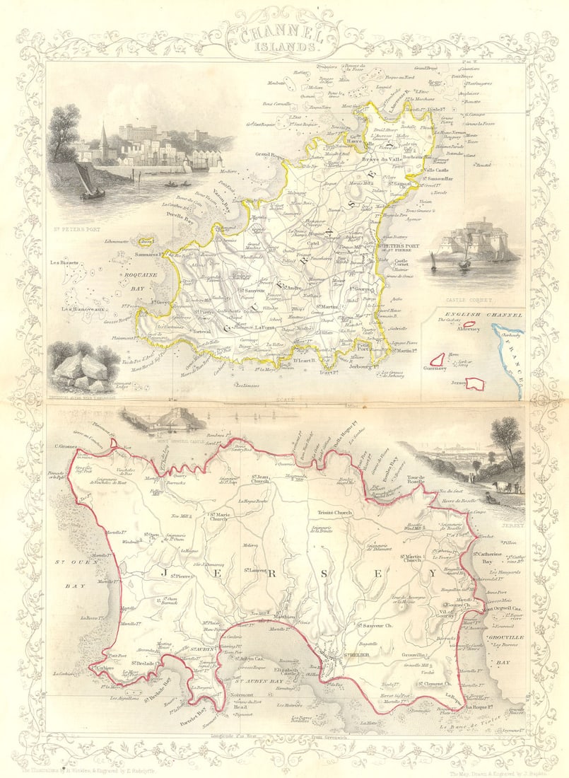 CHANNEL ISLES. Tallis Jersey Guernsey 1855 old antique vintage map plan chart (1 of 1)