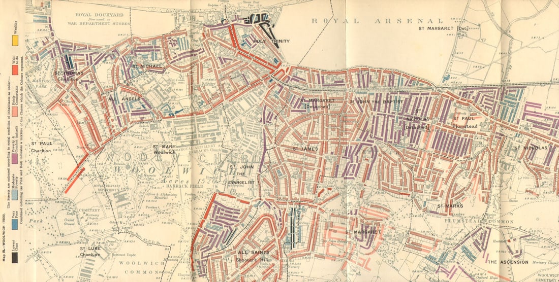 WOOLWICH Charles Booth poverty map Plumstead Charlton Shooter's Hill 1902: Map R - Woolwich (1900)'. Charles Booth was a philanthropist and social reformer. He was critical of the existing statistical data on poverty in late-Victorian London. His research showed that 35% of