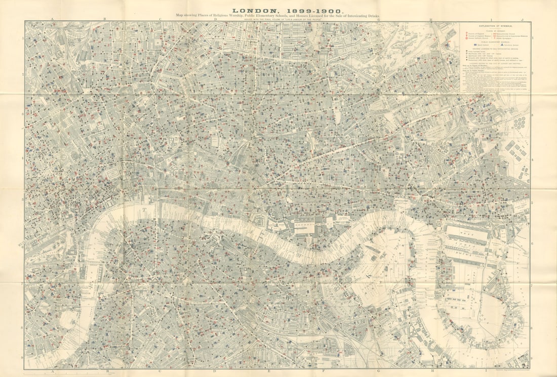 CHARLES BOOTH LONDON MAP Pubs Restaurants Churches Schools Synagogues 1902: Map showing places of religious worship, public elementary schools and houses licensed for the sale of intoxicating drinks'. Charles Booth was a philanthropist and social reformer. He was critical of 