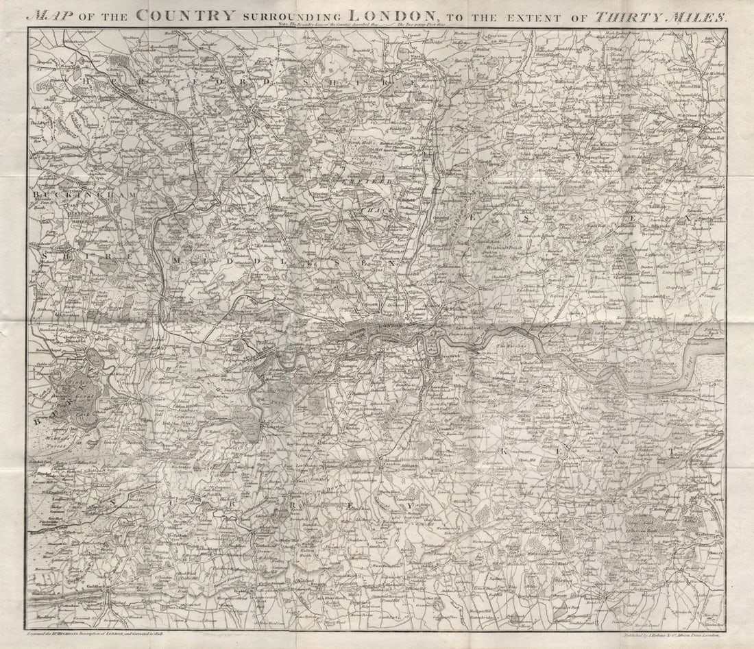 Map of the Country surrounding London to the extent of Thirty Miles HUGHSON 1818: Map of the Country surrounding London to the extent of Thirty Miles'. The map covers what is now Greater London and some outliying suburbs, encompassing the area from Tring in the north west, to Chelm