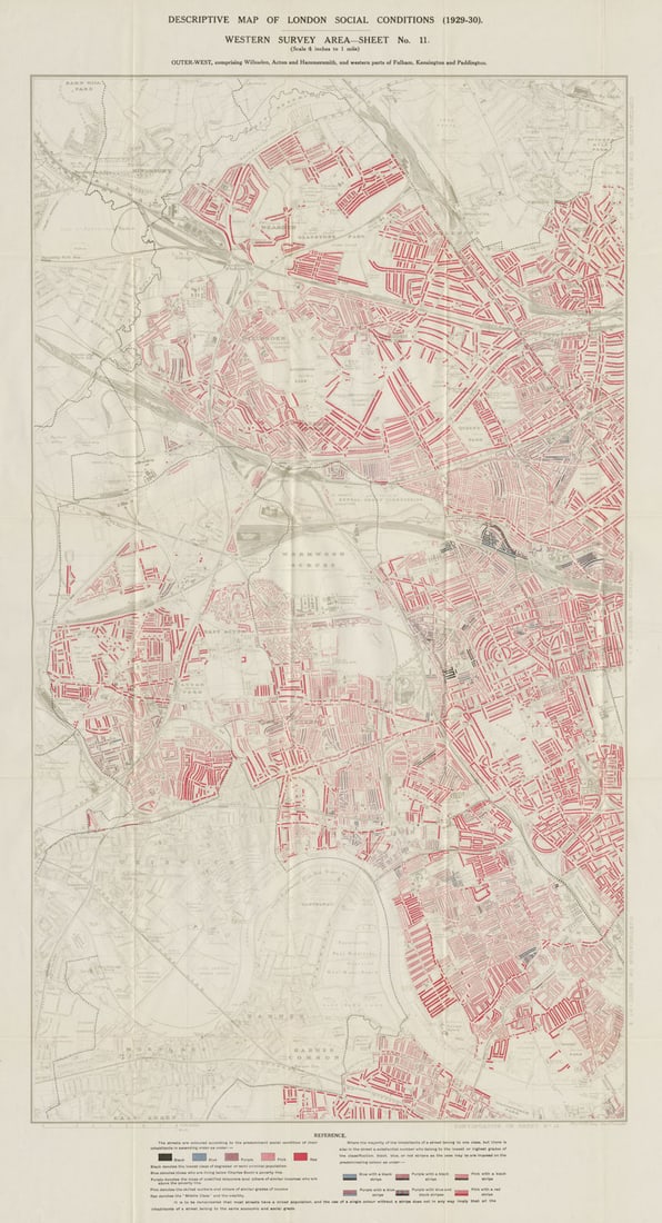 BOOTH /LSE POVERTY MAP Willesden Acton Hammersmith Fulham Brent W Hampstead 1930: Descriptive map of London Social Conditions Western Survey Area Sheet 11. Outer West, comprising Willesden, Acton and Hammersmith, and western parts of Fulham, Kensington and Paddington'. These maps