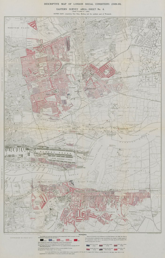 BOOTH / LSE POVERTY MAP East Ham Barking Woolwich Plumstead 1931 old: Descriptive map of London Social Conditions Eastern Survey Area Sheet 4. Outer East, comprising East Ham, Barking and the northern part of Woolwich'. These maps were surveyed and produced by a team at