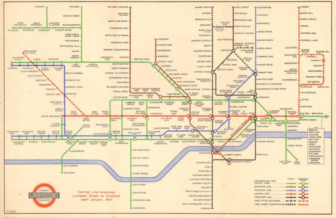 LONDON UNDERGROUND tube map plan diagram. Central Line extension. BECK #1 1946: London Transport - Diagram of Lines No 1. 1946' (146.214G.250,000). This version of the Underground map designed by H C Beck uses two types of dotted line to show lines under construction and lines to