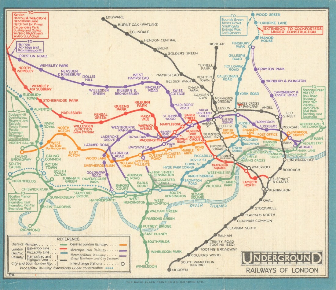 LONDON UNDERGROUND tube map plan diagram. Piccadilly extension. STINGEMORE 1931: Map of London's Underground Railways 1931'. This edition of the Underground map by Stingemore shows the Piccadilly line extension under construction from Hammersmith to Sudbury Town and beyond, and to