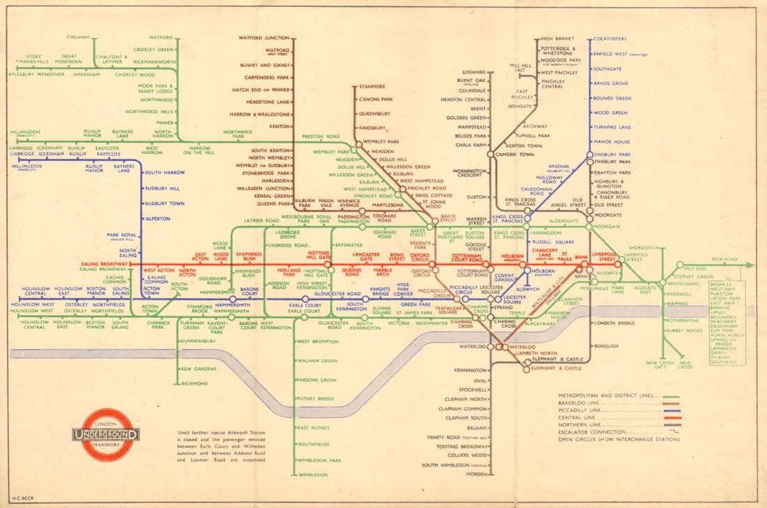 LONDON UNDERGROUND tube map plan diagram. Green Metropolitan Line. BECK #1 1943: London Transport - Underground Lines No 1. 1943' (343.587.300M). In this version of the Underground map H C Beck uses circles to indicate interchange stations. The 60 degree angles used on the previou