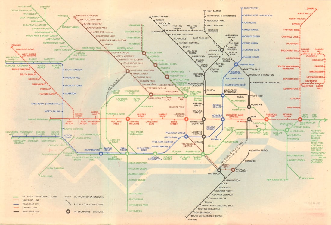 LONDON UNDERGROUND tube map plan diagram. Northern Heights SCHLEGER/ZERO #1 1939: London Transport - Underground Lines No 1. 1939' (1/1/1939.2036.G.). This map is unchanged from 1938 Number 2. A map of the Underground network by Hans Schleger (who went under the pseudoynm of "Zero"