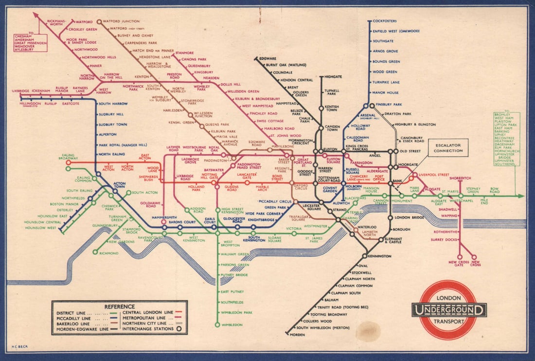 LONDON UNDERGROUND tube map diagram plan. Middle Circle. HARRY BECK #2 1936: London Underground Transport - Railway Map No 2. 1936'. The escalator connection between Bank and Monument is shown as a black dotted line, with a small box beside it with the words 'ESCALATOR CONNECT