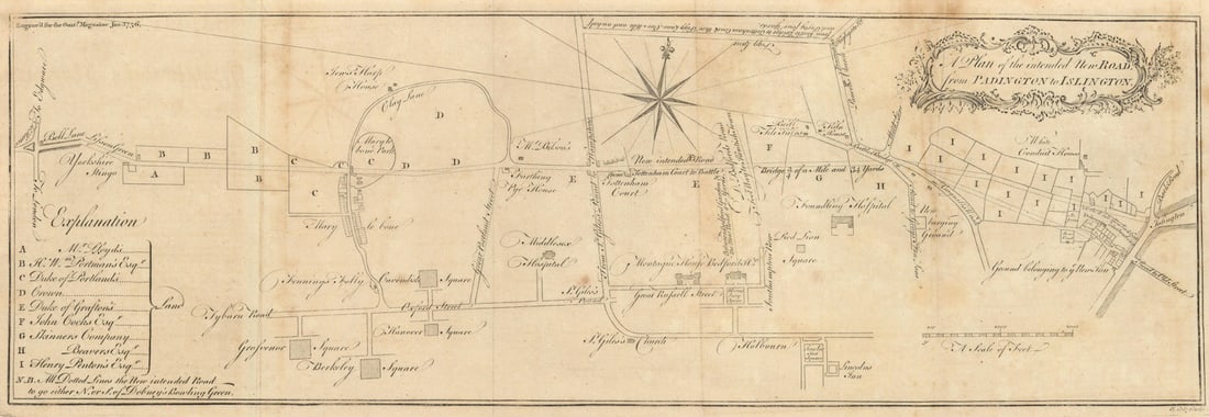 New road from Padington to Islington. Marylebone Euston Bloomsbury COLE 1755 map (1 of 1)