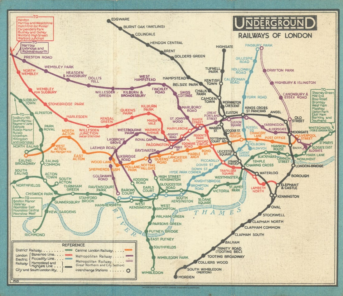 LONDON UNDERGROUND tube map plan diagram. STINGEMORE 1929 old vintage: Underground Railways of London'. On this edition of the Stingemore pocket map station names have been printed in their line colour, as well as the boxes which indicate stations outside the boundaries 