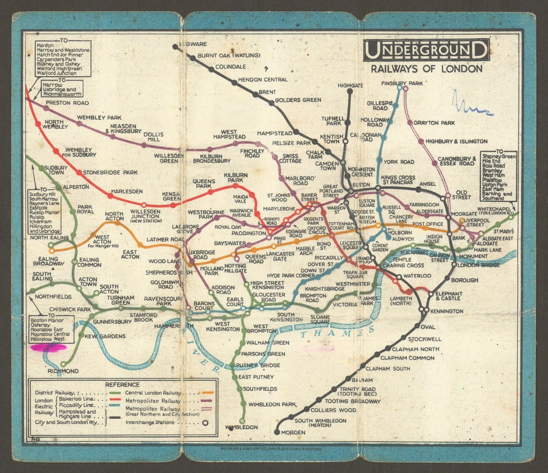 LONDON UNDERGROUND tube map plan diagram. STINGEMORE 1928 old vintage: Underground Railways of London'. This edition of the Stingemore pocket map has the Central London Railway line in Orange. More space has been used to show the Central area lines and to give more room 