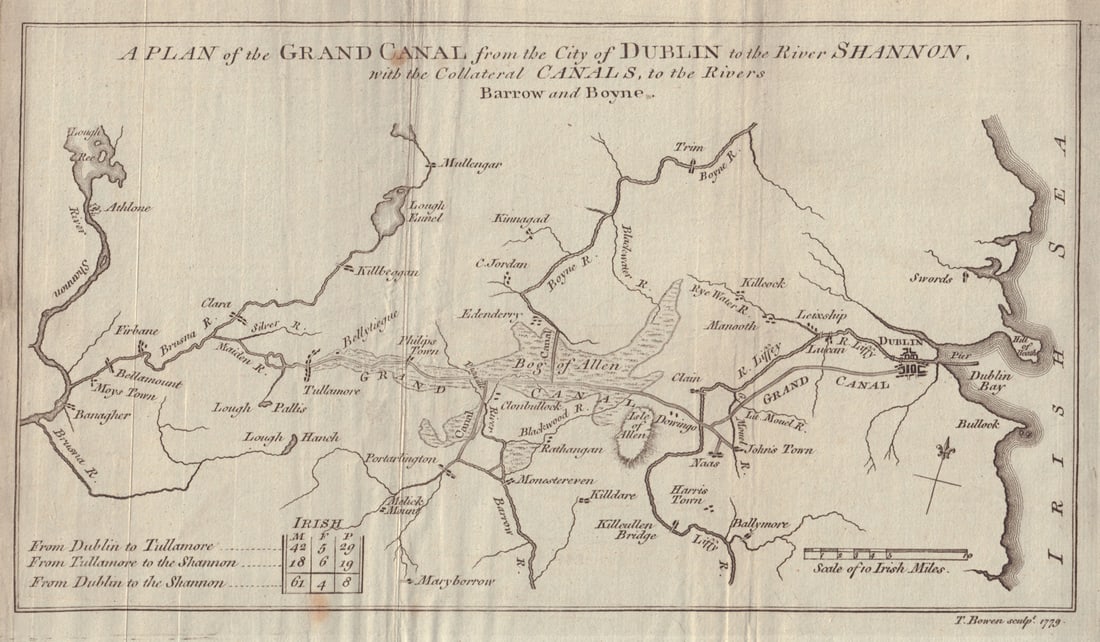 The Grand Canal from the City of Dublin to the River Shannon… BOWEN 1779 map: A Plan of the Grand Canal from the City of Dublin to the River Shannon, with the Collateral Canals, to the Rivers Barrow and Boyne'. T. Bowen sculp.t 1779. Published 1779. Antique copperplate map. A c