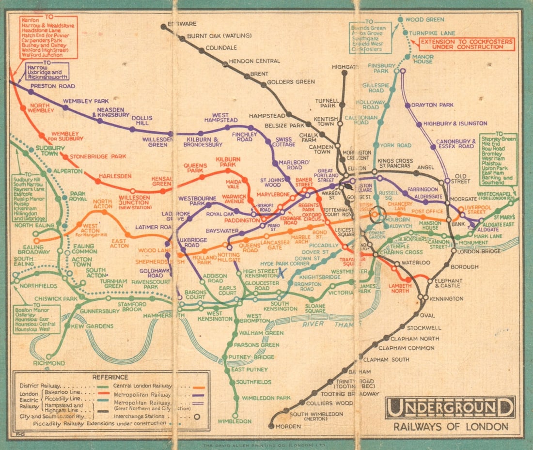 LONDON UNDERGROUND tube map plan diagram. Cockfosters extension. STINGEMORE 1931: Map of London's Underground Railways 1931'. This edition of the Underground map by Stingemore shows the Piccadilly line extension under construction from Hammersmith to Sudbury Town and beyond, and