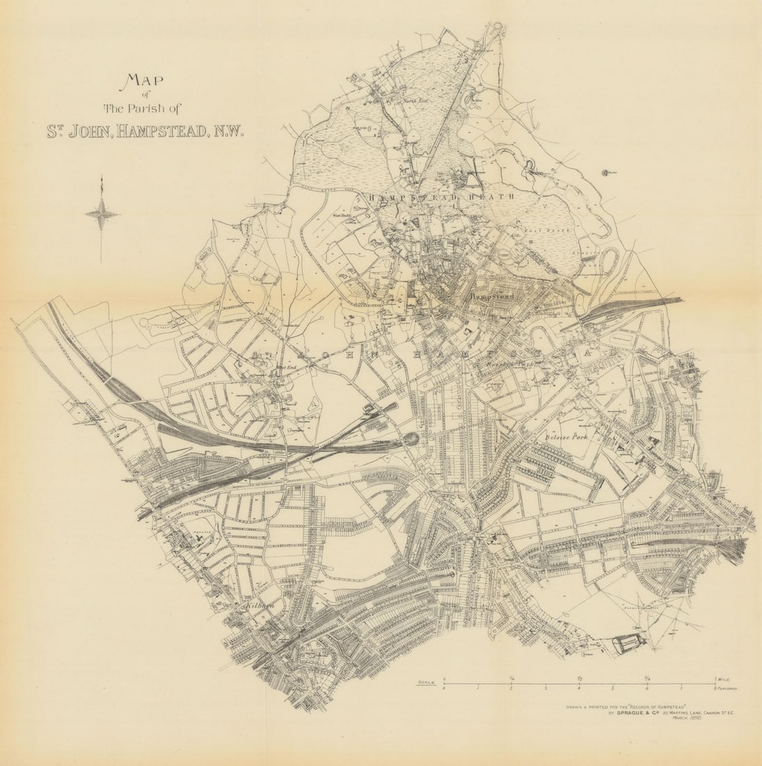 A Map of the Parish of St. John, Hampstead, N.W. by Sprague & Co 1890 old: A Map of the Parish of St. John, Hampstead, N.W.'. Drawn and printed by Sprague & Co. 22 Martins Lane, Cannon St. E.C.. Published 1890. Antique photo-lithographic map. Size 39 x 39 cm | 15.5 x 15.5 in