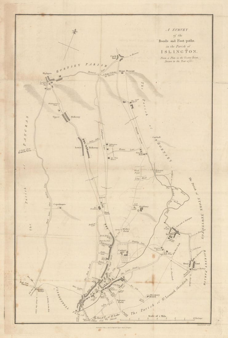 ISLINGTON PARISH 1735 Holloway Highgate Crouch End. Scarce HAWKSWORTH 1811 map: A survey of the Roads and Foot-paths in the Parish of Islington. From a Plan in the Vestry Room, drawn in the Year 1735'. 1811 Hawksworth map of the parish of Islington. This scarce early map, publish