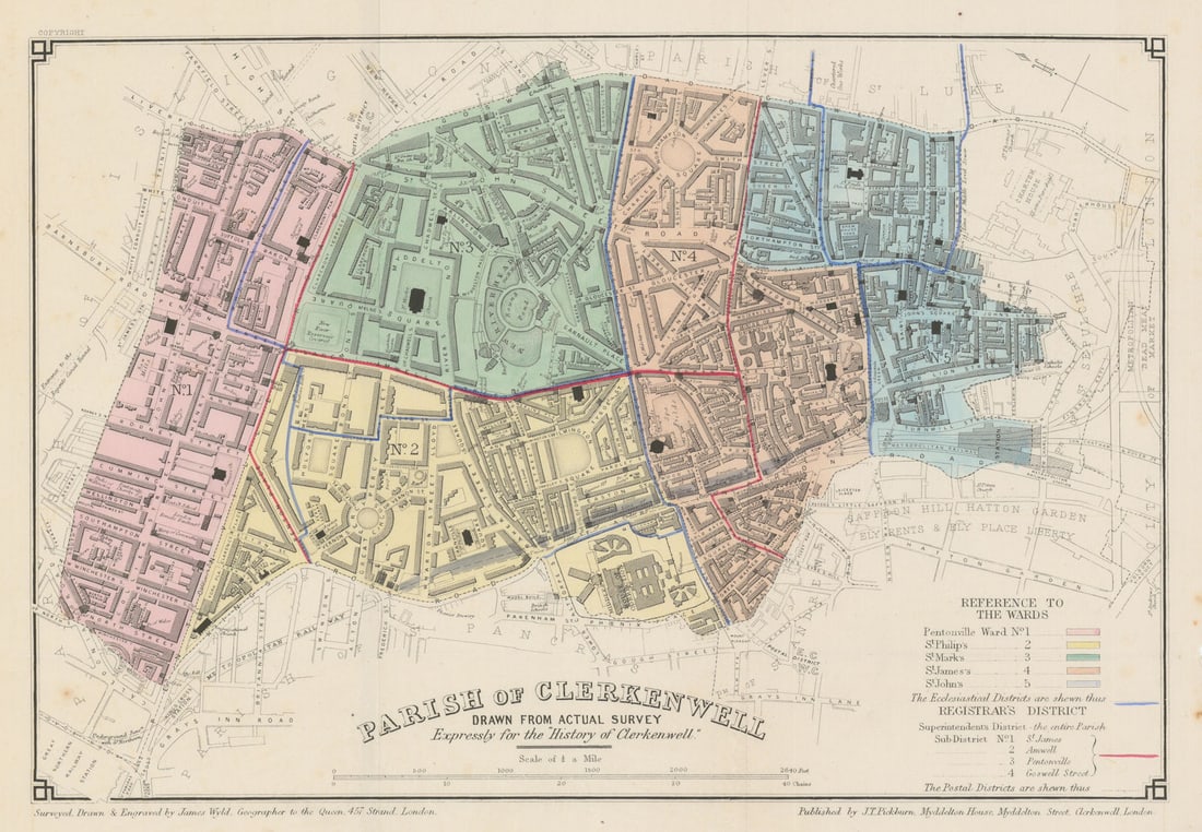 Parish of Clerkenwell, drawn from an actual survey, by James Wyld 1865 old map: Parish of Clerkenwell, drawn from an actual survey expressly for the "History of Clerkenwell"'. Surveyed, drawn & engraved by James Wyld [the younger], Geographer to the Queen, 457 Strand, London.
