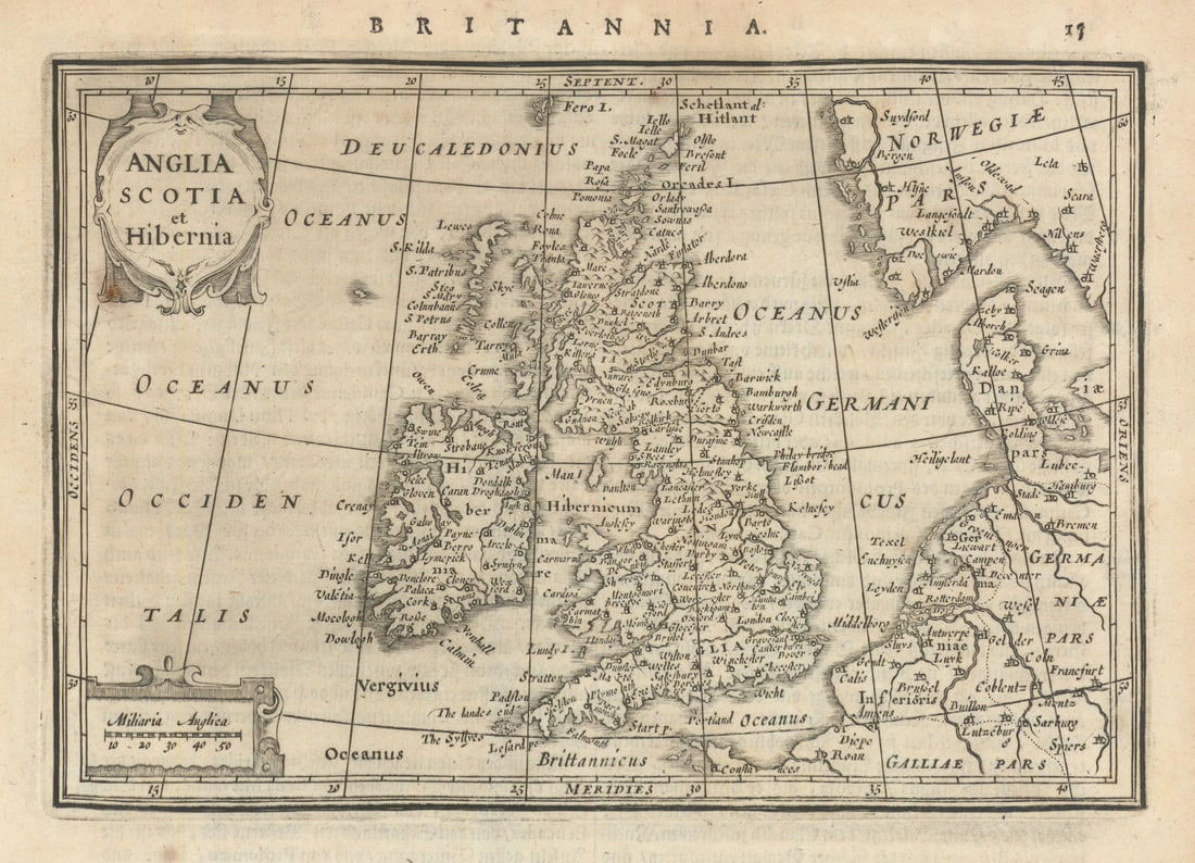 Anglia, Scotia et Hibernia by Johannes Janssonius. British Isles 1631 old map: Britannia - Anglia, Scotia et Hibernia'. Johannes Janssonius (born Jan Janszoon, in English often incorrectly Jan Jansson). Published 1631. Antique copperplate engraved map. Size 16 x 22 cm | 6.0 x 8.