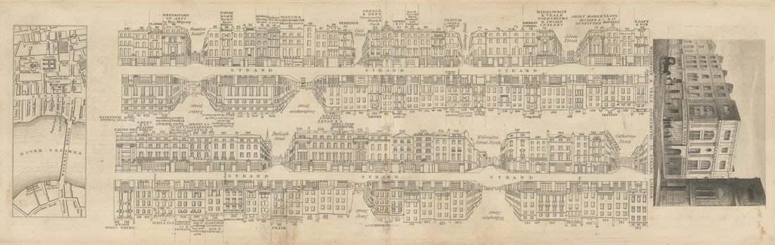 Tallis London Street View #19 Strand (#2 Centre West) 1838 old antique map: [Part 19] Strand (Section 2, Centre West) [Cross streets: Beaufort Buildings (Carting Lane), Cecil Street (Ivybridge Lane), Salisbury Street, Adam Street, Burleigh Street, Wellington Street, Catherine