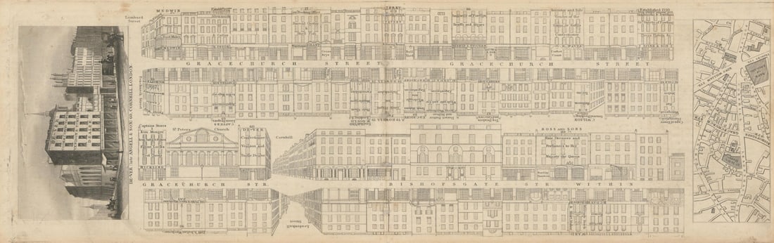Tallis London Street View #21 Gracechurch St & Bishopsgate (#1 South) 1838 map: [Part 21] Gracechurch Street (North) and Bishopsgate Street Within (Section 1, Centre South) [Cross streets: Lombard Street, Fenchurch Street, Leadenhall Street, Cornhill, Cross Keys, Bell Yard (Bell
