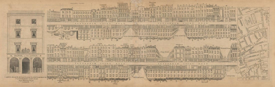 Tallis London Street View #53 Tottenham Court Road (South) 1839 old map: [Part 53] Tottenham Court Road (South) [Cross streets: Bozier's Court, Hanway Street, Tudor Place (Gresse Street), Stephen Street, Percy Street, Windmill Street, Store Street, Bedford Street (Bayly