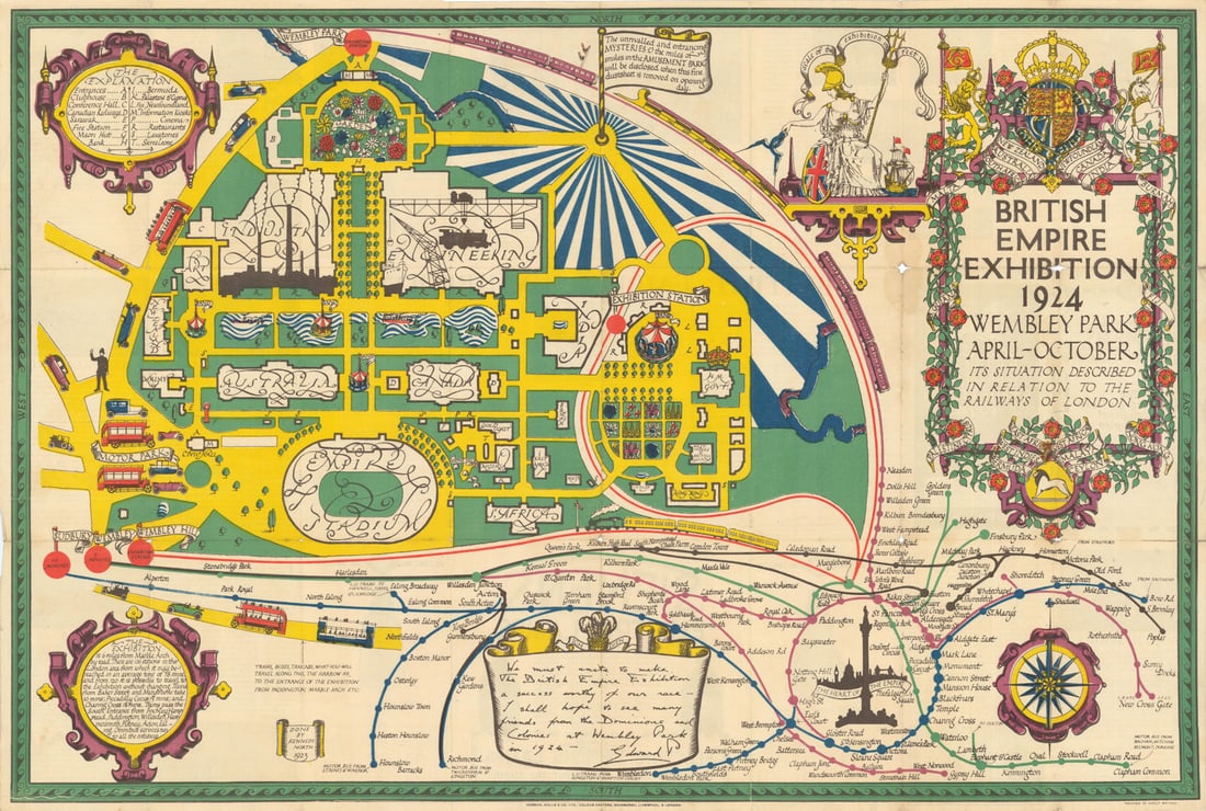British Empire Exhibition 1924 by Stanley Kennedy North 1924 old antique map: British Empire Exhibition 1924 - Wembley Park April-October - its situation described in relation to the Railways of London' by North, Stanley Kennedy. Published 1924. Antique colour promotional map. 