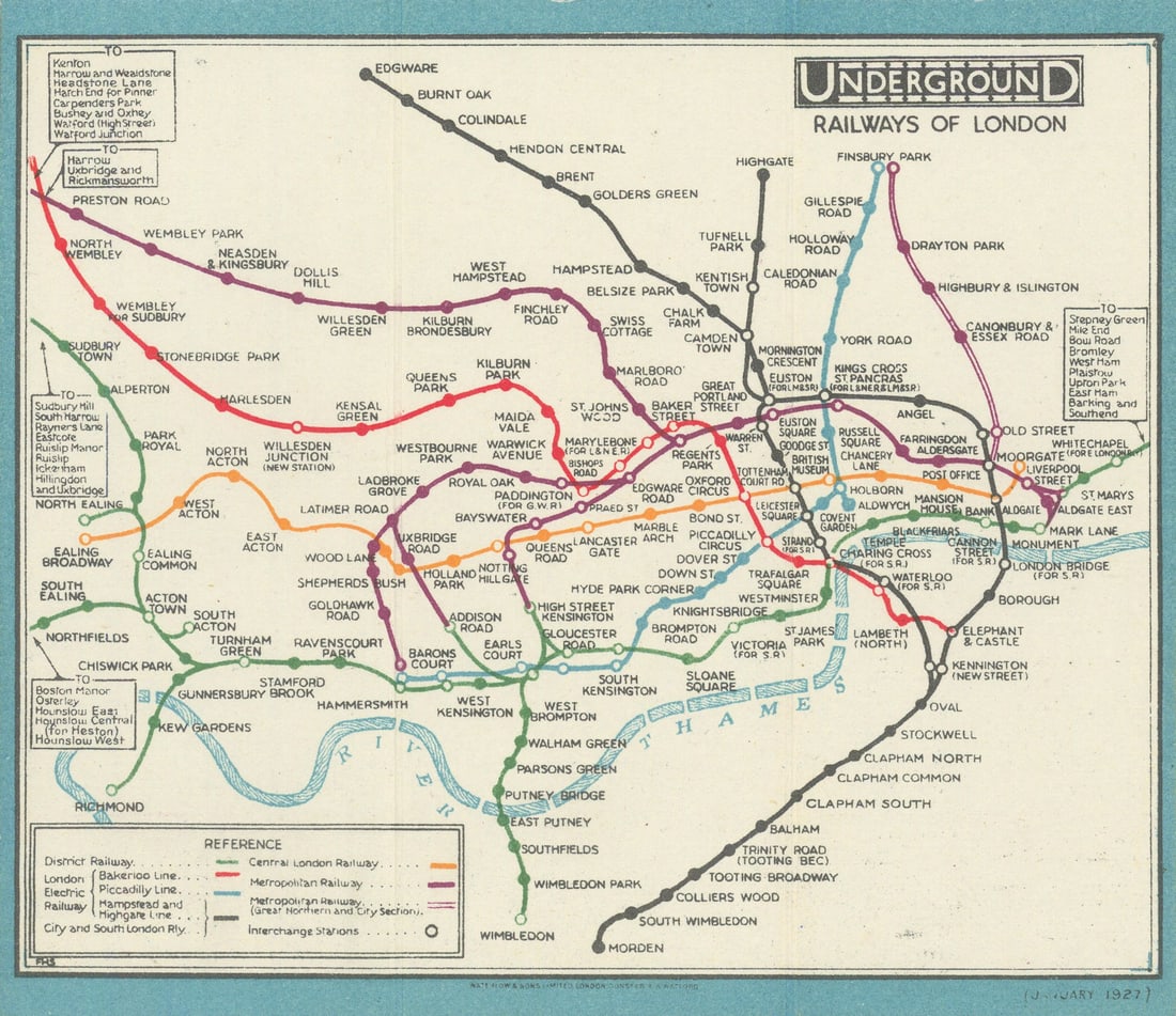 LONDON UNDERGROUND tube map diagram plan. STINGEMORE 1927 old vintage: Underground Railways of London'. On this edition of the Underground map the River has been shown as a less obvious feature, using thinner lines for shading. The reverse of the map has details of place