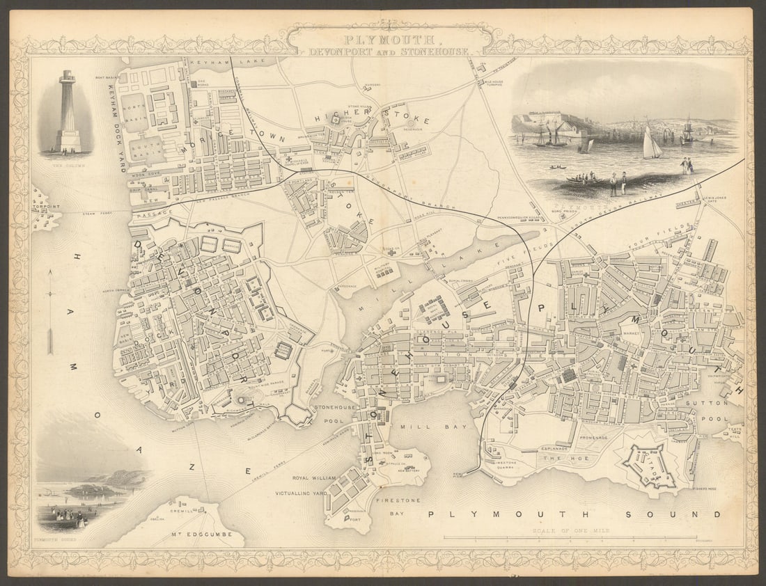 Plymouth, Devonport and Stonehouse town/city plan by TALLIS & RAPKIN c1855 map (1 of 1)