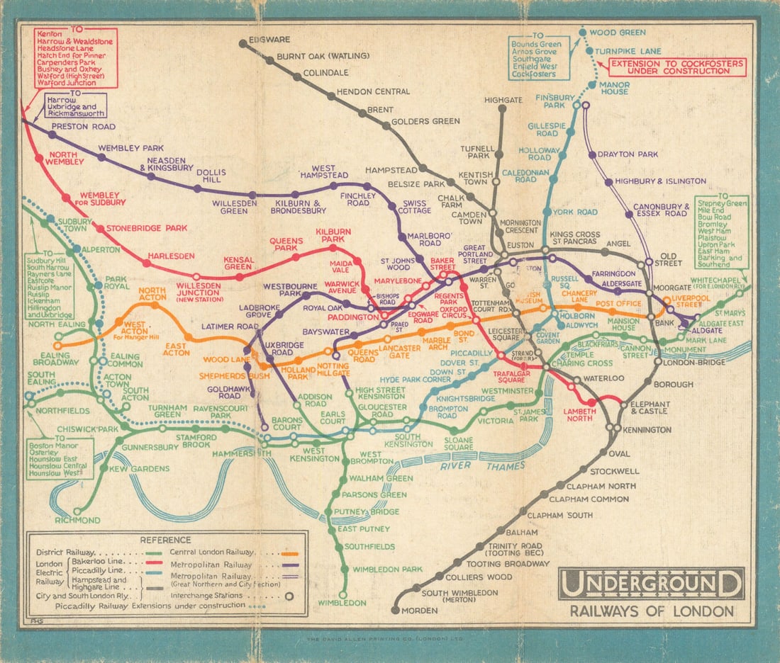 LONDON UNDERGROUND tube map diagram plan. Piccadilly extension. STINGEMORE 1931: Underground Railways of London'. This edition of the Underground map by Stingemore shows the Piccadilly line extension under construction from Hammersmith to Sudbury Town and beyond, and to Northfield
