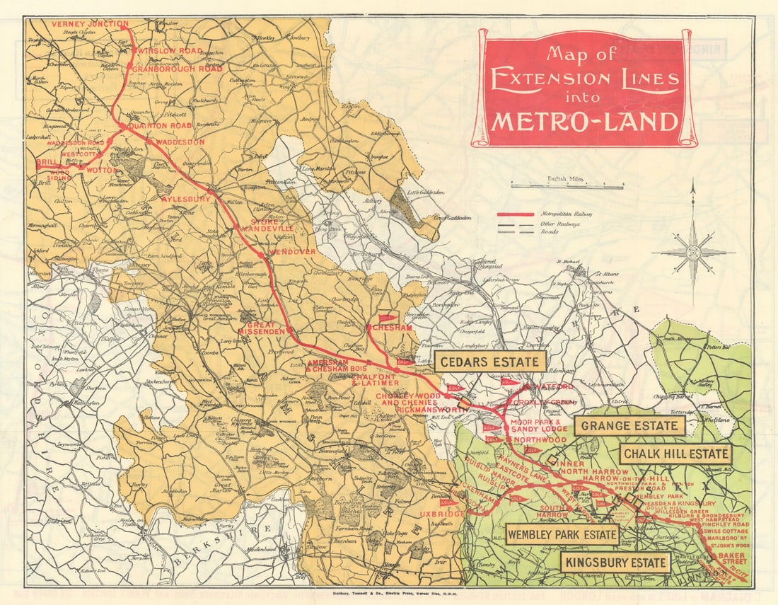 Map of Extension Lines into Metro-land. Metropolitan London underground map 1925: Map of Extension Lines into Metro-land [on reverse side: Diagram of Lines in and near London]. This 1925 Map of Extension Lines into Metro-Land promotes the idealised suburban lifestyle offered by