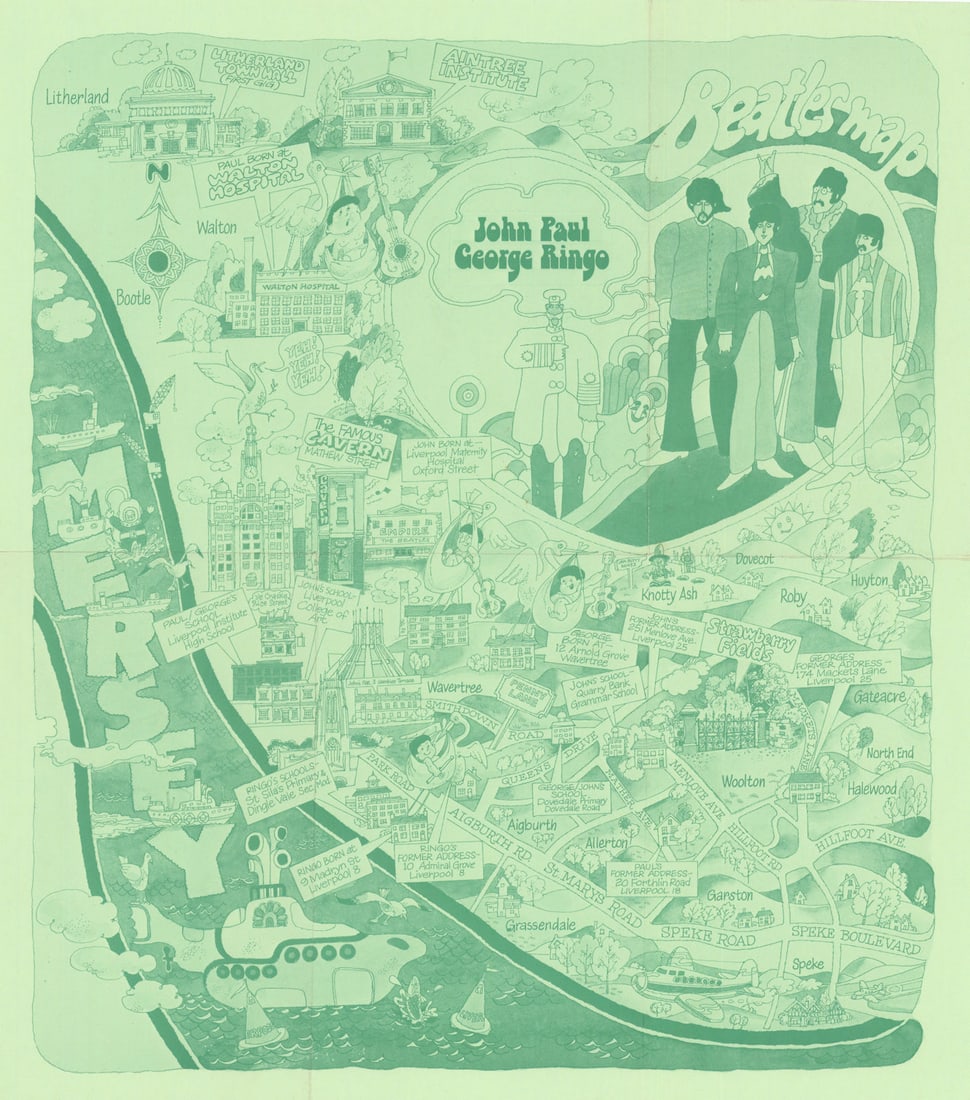 Beatles psychedelic pictorial fan Liverpool city map by McCaffrey & Sharp 1974: Beatles map [of Liverpool] - John - Paul - George - Ringo. A 1974 pictorial musical fan map of Liverpool, designed by McCaffrey and Sharp and issued by the city’s Public Relations Office, is a v