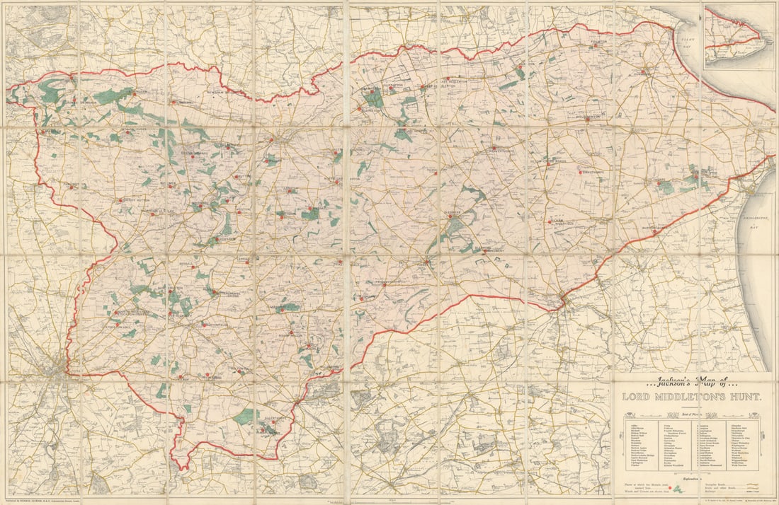 Jackson's Map of Lord Middleton's Hunt showing meets. Yorkshire. 106x68cm c1896: Jackson's Map of Lord Middleton's Hunt'. The map shows the range of Lord Middleton's Hunt between York and Filey Bay. The places where the hounds meet are marked with red dots, and listed bottom right