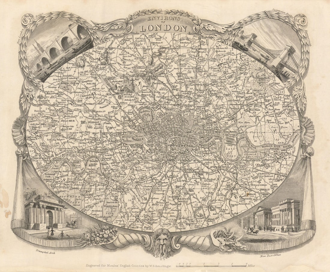 London environs antique map by Thomas Moule 1837 old plan chart: Environs of London'. William Schmollinger for Thomas Moule. Published 1837. Antique engraved map. Size 27 x 21 cm | 10.5 x 8.0 inches. Condition: Good; suitable for framing. Please check the scan for 