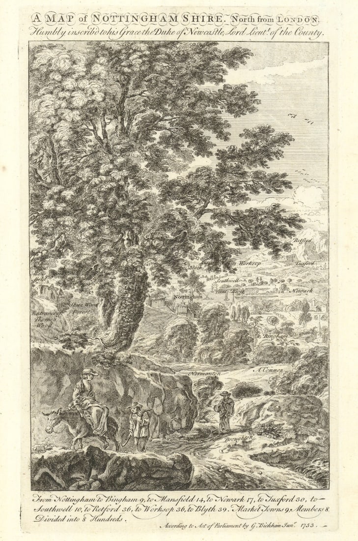 A Map of Nottinghamshire, north from London. George Bickham. County map 1754: A Map of Nottinghamshire, North from London. Humbly inscribed to his Grace the Duke of Newcastle Lord Lieut. of the County' by Bickham, George. Published 1754. Antique copperplate perspective county m