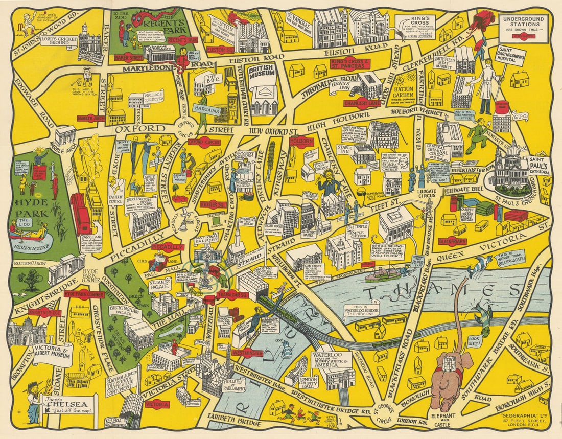 The New Pictorial Map of London by Geographia. New Waterloo Bridge c1942: [The New Pictorial Map of London]. This map is commonly dated to the 1930s, however in this edition a note states "This is Waterloo Bridge - the New One". Work commenced on the new bridge in 1937 and 