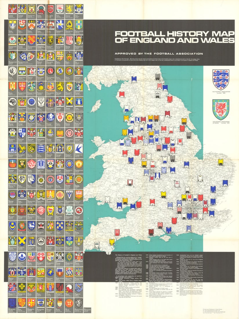 Football History Map of England & Wales. Football heritage map. 75x100cm 1971 (1 of 1)