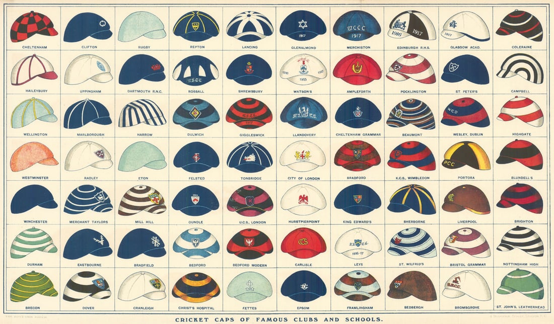 Cricket Caps of Famous Clubs & Schools. Boy's Own Paper/Wheeler-Holohan 1917: Cricket Caps of Famous Clubs and Schools' by Wheeler-Holohan, Ambrose Vincent. Published 1917 - Not formally dated, but several of the caps indicate the season 1916-17 or 1917 for which they were