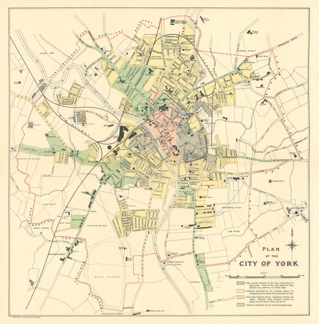 Plan of the City of York. Poverty map by Seebohm Rowntree 1901 old antique: Plan of the City of York'. This important map was published alongside B. Seebohm Rowntree’s landmark 1901 study Poverty: A Study of Town Life. Inspired by Charles Booth’s London poverty ma