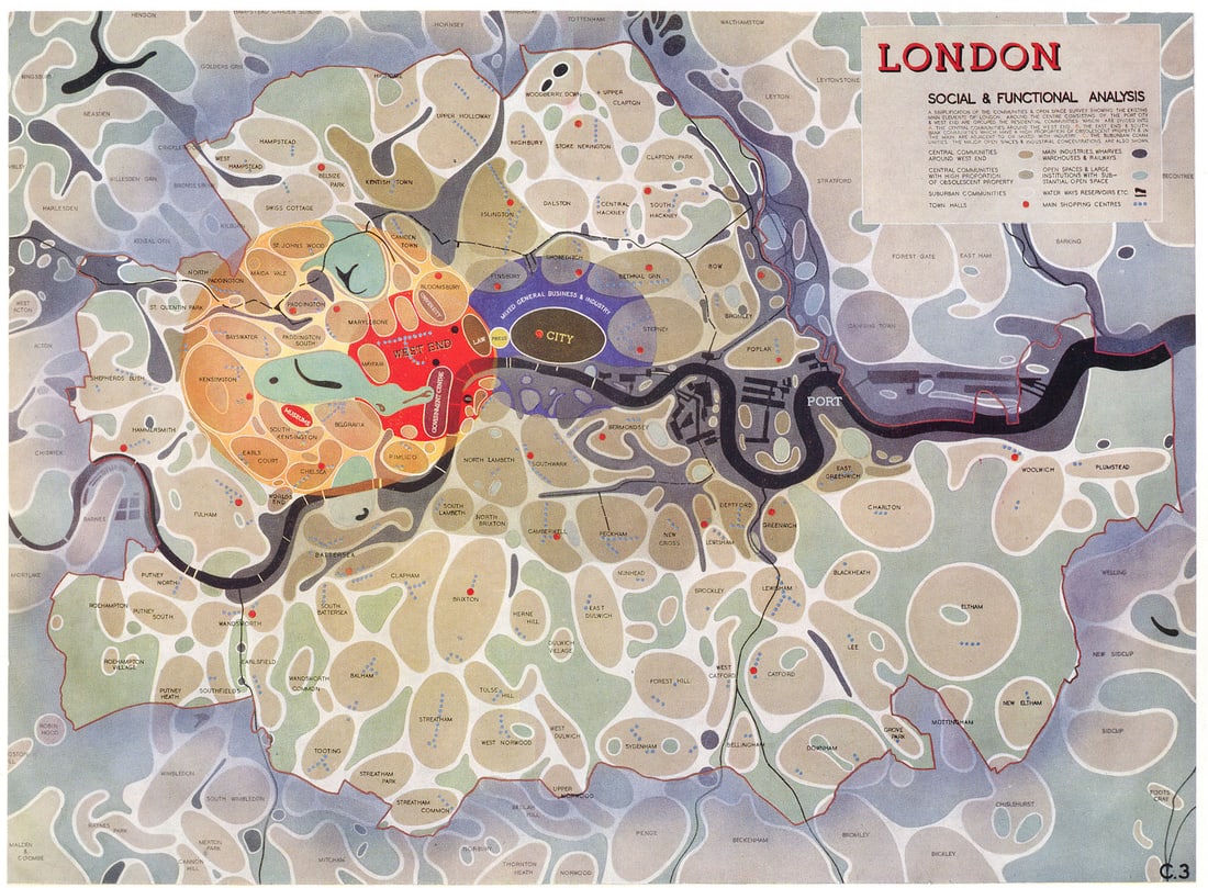 London Social & Functional Analysis 'Potato map' by Patrick Abercrombie 1943: London Social & Functional Analysis' by Abercrombie, Patrick. Published 1943. Vintage colour map. Size 23 x 31 cm | 9.0 x 12.0 inches. Condition: Good; suitable for framing. The image shown may ha