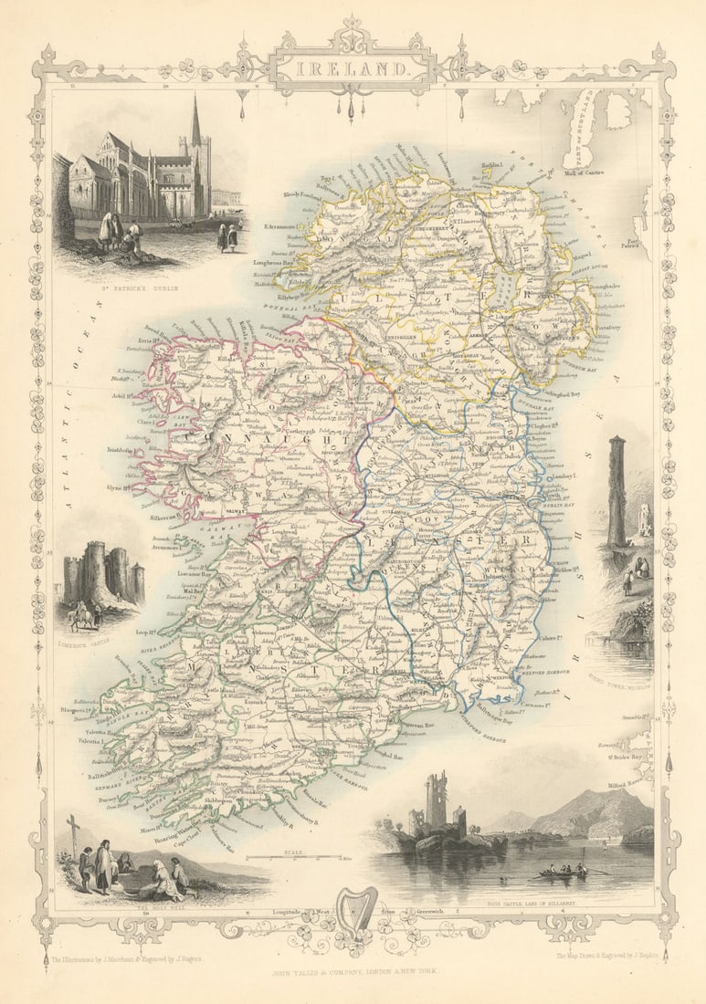 IRELAND. St Patrick's Dublin Killarney round tower views.TALLIS/RAPKIN 1851 map: Ireland'. Vignettes: St Patrick's, Dublin; Limerick Castle; The Holy Well; Ross Castle, Lake of Killarney; Round Tower, Wicklow. Shows the four provinces of Munster, Leinster, Connaught & Ulster. 