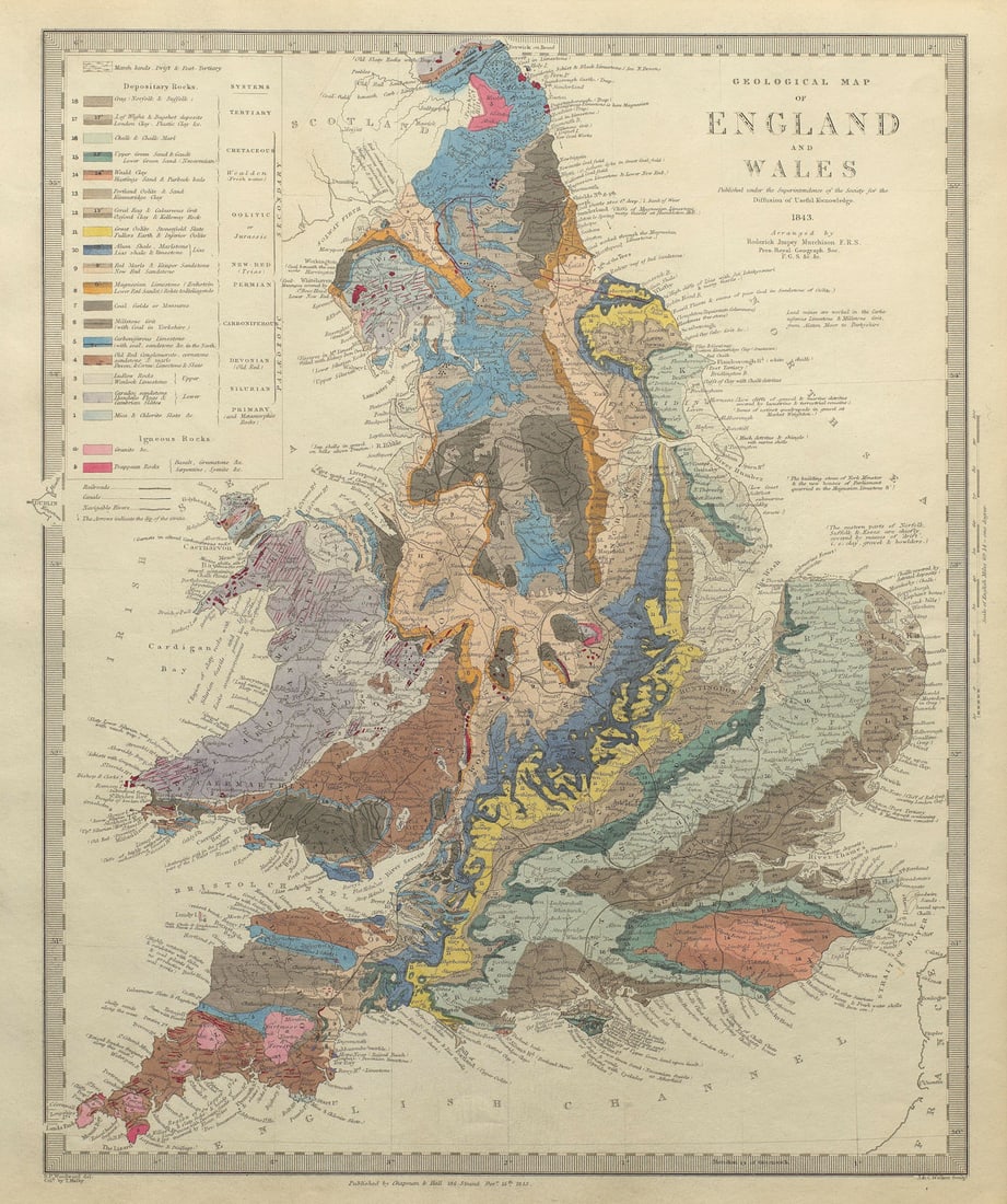 ENGLAND & WALES. Geological Map.Original hand colour.Depositary rocks.SDUK 1844: A GEOLOGICAL MAP OF ENGLAND AND WALES'. Arranged by Roderick Impey Murchison; cartography by SP Woodward; Coloured by T Malby; engraved by J & C Walker. Published 1844 - This map was originally publis