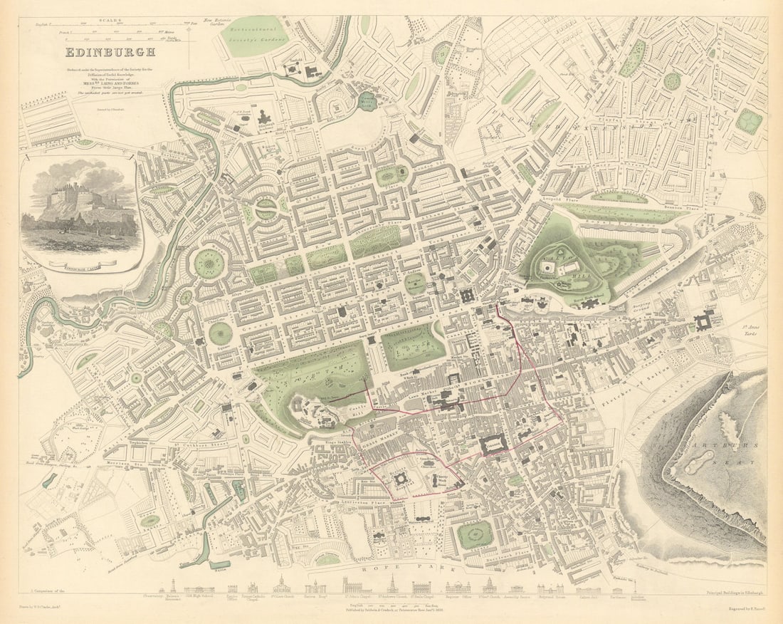 EDINBURGH. Antique town city map plan. Key buildings profiles. SDUK 1844: EDINBURGH.'. Cartography by WB Clarke; Laing & Forbes; engraved by E Turrell. Published 1844 - This map was originally published by Baldwin & Cradock in 1834; this date is printed on the map. This edi