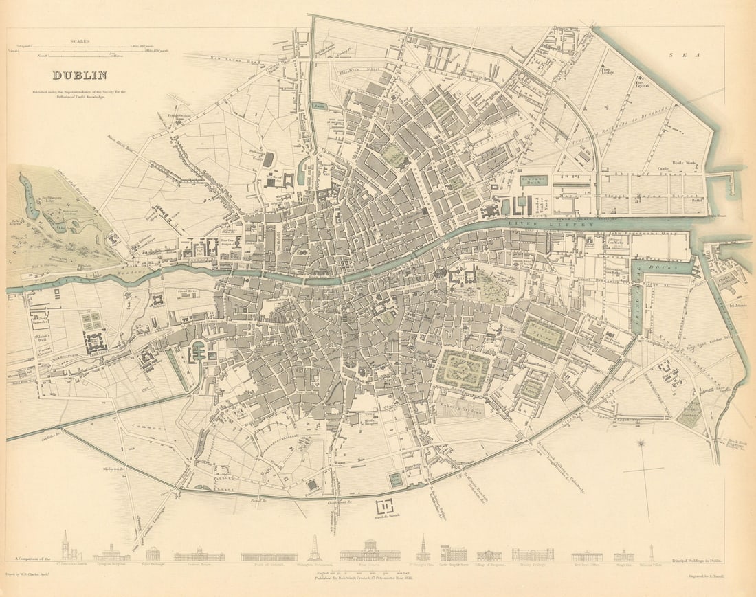 DUBLIN. Antique town city map plan. Key buildings profiles. SDUK 1844 old: DUBLIN.' by S.D.U.K. - Society for the Diffusion of Useful Knowledge. Published 1844 - This map was originally published by Baldwin & Cradock in 1836; this date is printed on the map. This edition of 