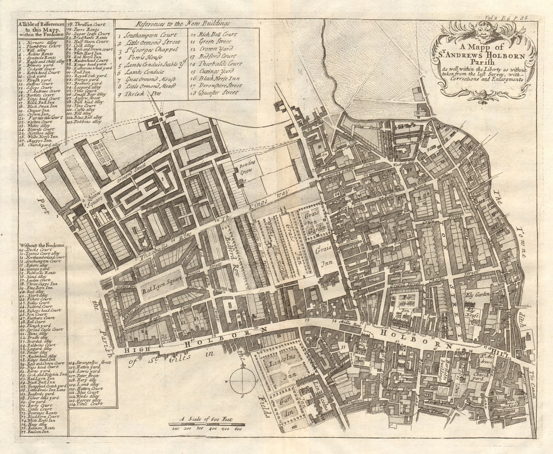 St Andrew's, Holborn parish'. Red Lion Sq. Hatton Garden. STOW/STRYPE 1720 map: A mapp of St Andrew's Holborn parish'. The map shows High Holborn and a number of the adjacent Inns of Court including 'Grais Inn' (Gray's Inn), Lincoln's Inn Fields, Furnival's Inn, Barnards Inn and 