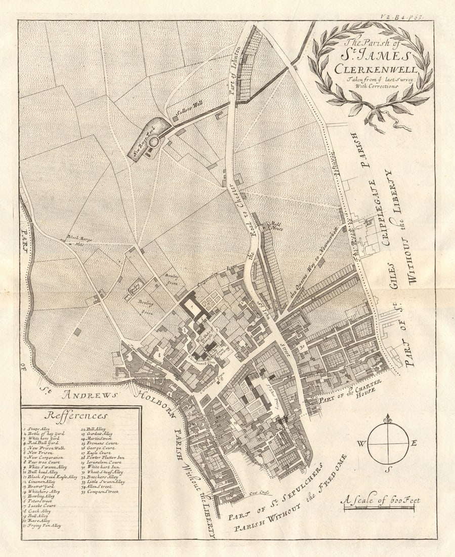 The parish of St James, Clerkenwell. St John Street. Green. STOW/STRYPE 1720 map: The parish of St James, Clerkenwell'. This wonderful map shows the area around Clerkenwell Green and St James's Church. St John Street runs north to south. St John's priory is marked. The parish is bo