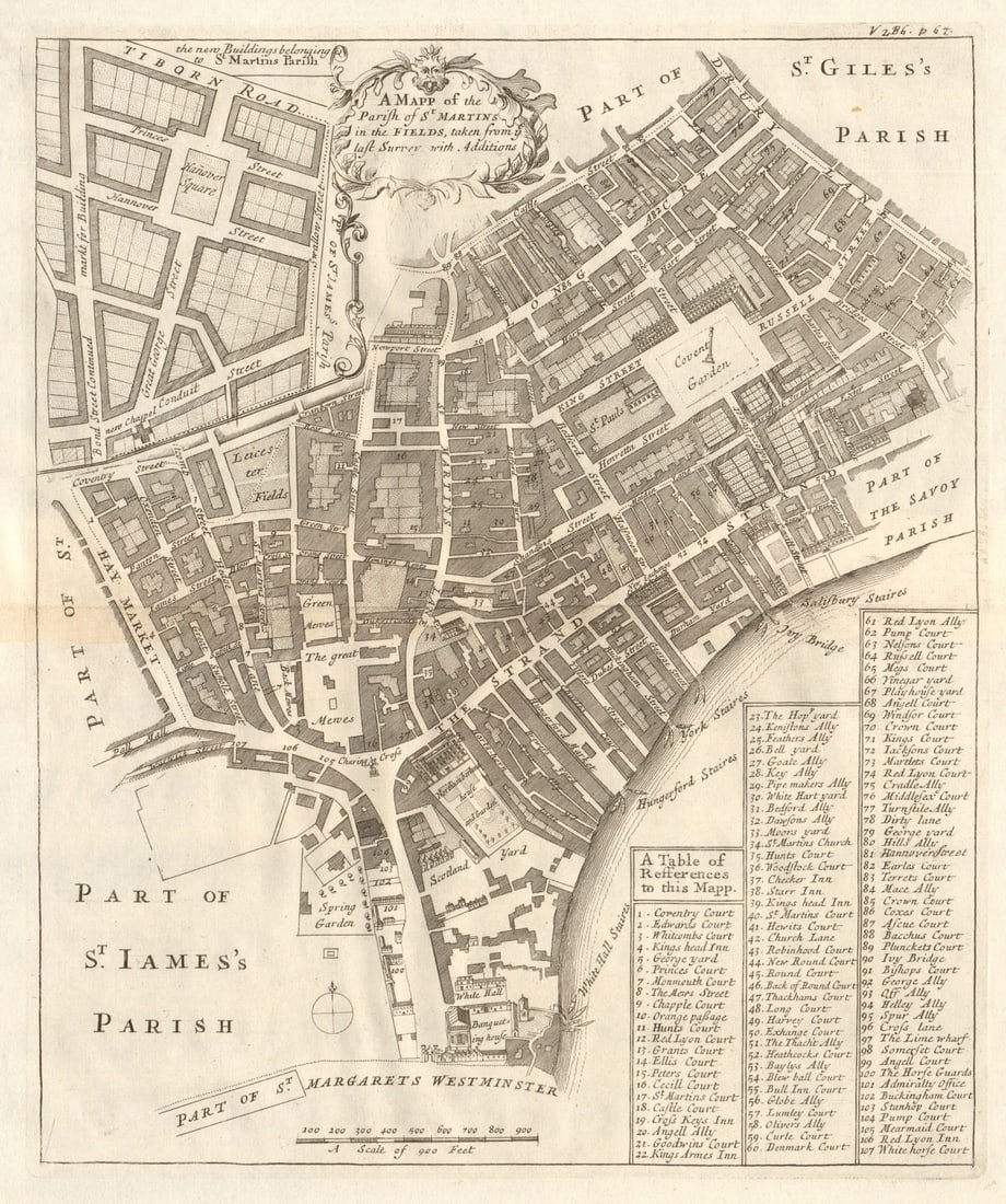 The Parish of St Martin's in the Fields. Covent Garden &c. STOW/STRYPE 1720 map: A mapp of the parish of St Martin's in the Fields'. The map shows St Martins-in-the-fields parish, along with (inset) the new buildings belonging to the parish around Hanover Square. This includes