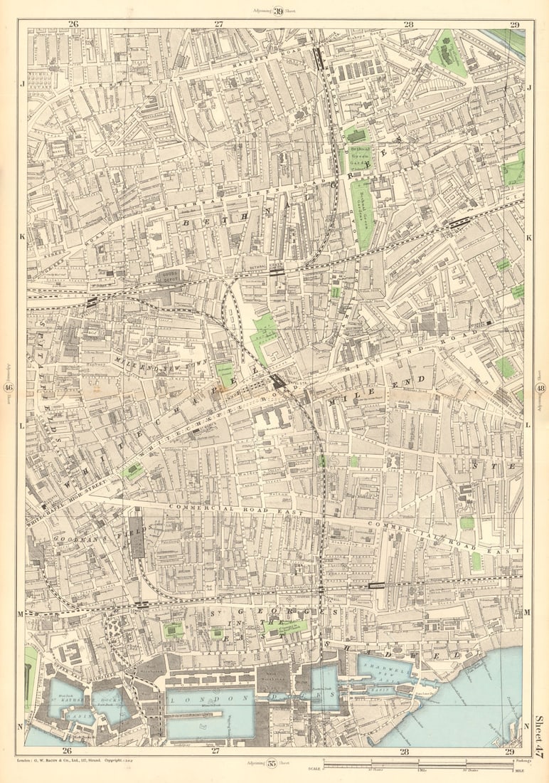BETHNAL GREEN WHITECHAPEL Mile End Shadwell Wapping Stepney Shoreditch 1903 map: Sheet 47 from Bacon's 1903 London street atlas covering part of East London including Bethnal Green, Whitechapel, Mile End, Shadwell, Wapping, Stepney, Shoreditch' by Bacon, George Washington & Co.