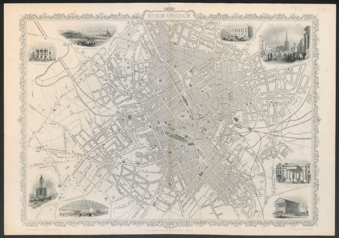 Decorative antique town plan of BIRMINGHAM by Tallis & Rapkin 1851 old map: Birmingham'. The Illustrations drawn by W. Floyd & engraved by D. Pound. The plan drawn & engraved by J. Rapkin. Published 1851. Antique engraved map. Size 54 x 37 cm | 21.5 x 14.5 inches. Condition: 