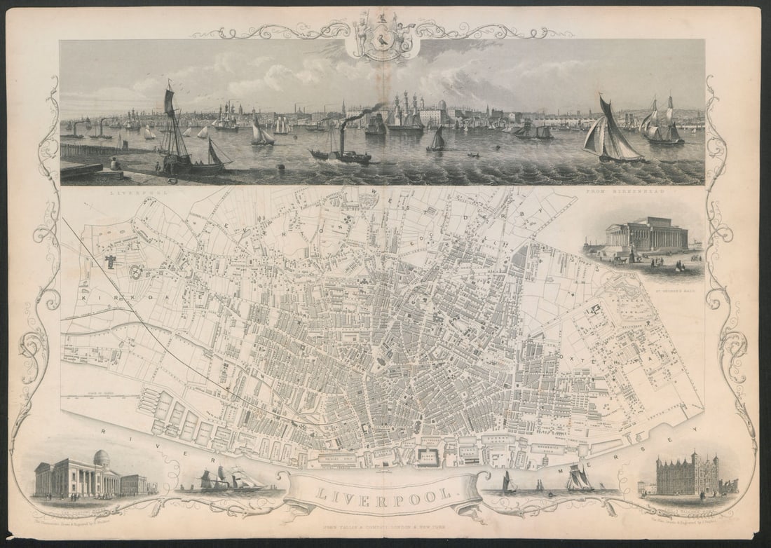 Decorative antique town plan of LIVERPOOL by Tallis, Rapkin & Winkles 1851 map: Liverpool'. The Illustrations drawn & engraved by H. Winkles. The plan drawn & engraved by J. Rapkin. Published 1851. Antique engraved map. Size 54 x 37 cm | 21.5 x 14.5 inches. Condition: Fair: There